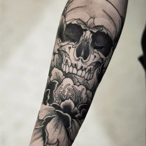 黑白花骷髅纹身贴防水男女 持久ins暗黑花臂 网红潮仿真纹身贴纸