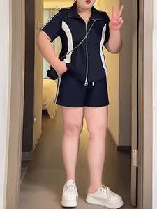 大码休闲运动套装女夏季微胖mm修身时尚显瘦外套阔腿裤跑步两件套