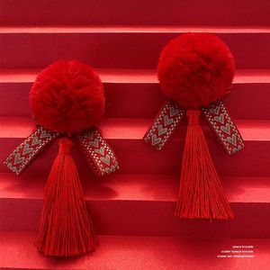 新年儿童毛球发夹小女孩中国风红色毛绒流苏发卡女童过年汉服头饰