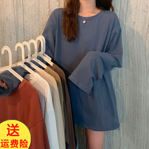 长袖t恤女中长款基础款纯色春秋打底衫欧货大版宽松oversize上衣