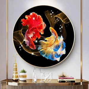 热带玄关过道diy方钻满钻钻石画圆形双锦鲤图孔雀鱼全贴钻十字绣