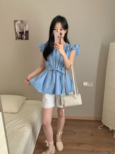 韩国设计师款蓝色飞飞袖系腰带衬衫女夏季甜美减龄衬肤色显白上衣