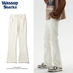 WASSUPSHAR美式高街白色牛仔裤男女夏季修身直筒小众微喇叭长裤子
