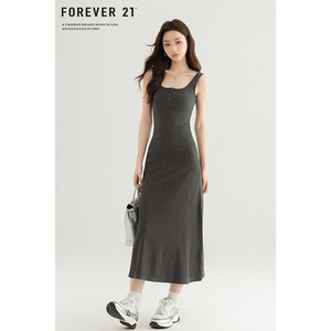 Forever21 韩版简约灰色针织吊带连衣裙女夏季休闲气质修身长裙子