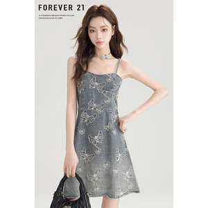 Forever21 美式复古设计感印花吊带连衣裙女小个子别致牛仔短裙子