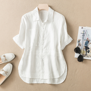 夏季白色亚麻衬衫女短袖宽松显瘦气质简约舒适棉麻上衣半袖衬衣