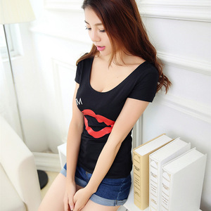 夏装女装性感T恤女低领显瘦紧身上衣韩国短袖衫夜店红唇衣服体恤