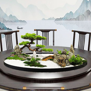 中式假仿真大餐桌中间转盘套装摆件客厅会所样板房微景观台面花艺