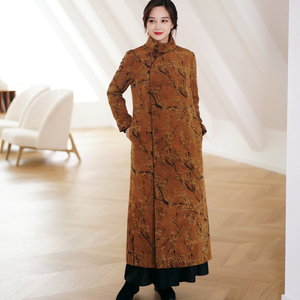 朱氏原创【探梅】水洗重缎香云纱棉衣夹棉宽松复古长袍女冬长外套