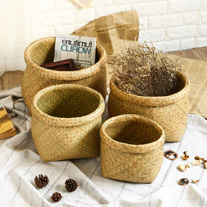 原色草编收纳篮 文艺感觉零食筐可折叠卷边干花篮 寝室床头杂物篓