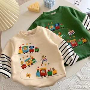 男童秋款卫衣日系新款儿童宝宝假两件条纹拼接上衣可爱小火车刺绣