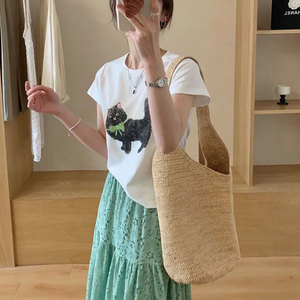 猫咪卡通图案T恤女2024新款夏季圆领全棉休闲百搭设计感可爱短袖