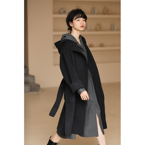 哈齿小姐陈艾佳全澳羊毛鱼子酱色长款加厚保暖连帽大衣外套冬季女