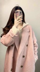 高级感粉色小个子羊绒大衣2023秋冬装韩系赫本风毛呢外套女中长款