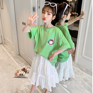 韩版女童夏装短袖T恤2021新款中大童绿色洋气儿童中长款半袖上衣