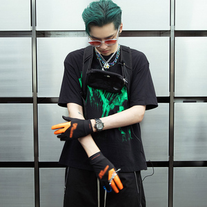 吴亦凡微博同款衣服男女夏季宽松荧光绿骨头印花t恤情侣短袖上衣