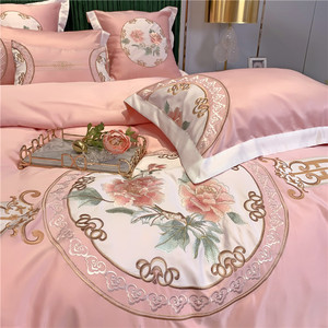新中式婚庆粉色贡缎四件套高端全棉纯棉床单被套结婚现代床上用品
