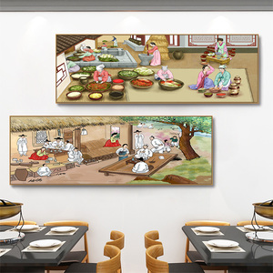 朝鲜族民俗文化打年糕挂画韩式料理烤肉店装饰画韩国风格餐厅壁画