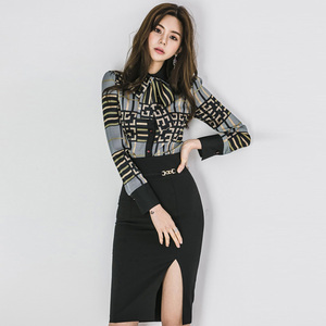 2019秋季新款女韩版OL两件套气质复古衬衫修身中长款连衣裙套装潮