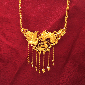 金店全新款式镀黄金项链女仿黄金爱心吊坠套装婚纱龙凤袍配饰婚庆