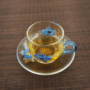 yama亚美台湾产蓝金花玻璃茶杯耐热茶具一杯一碟180毫升