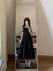 甜美可爱减龄国风黑色连衣裙女夏季众设计感气质收腰长裙子两件套