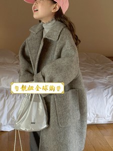 韩国代购童装女童双面羊绒大衣翻领2023儿童冬季阿尔巴卡呢子外套