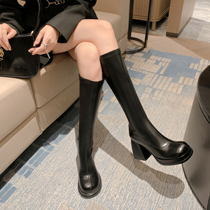 央小鱼 巨显瘦~芭比高跟弹力瘦瘦靴秋冬小个子防水台高筒长靴子女