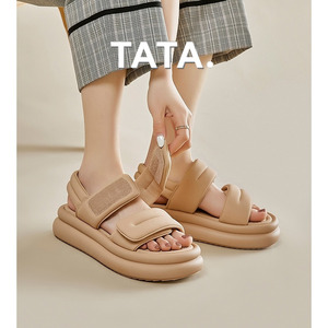 Tata他她高级感凉鞋女款2024年夏季新款厚底魔术贴运动面包沙滩鞋