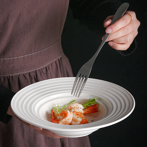 纯白陶瓷意大利面盘深盘螺纹草帽盘甜品盘西式汤盘子家用西餐餐具