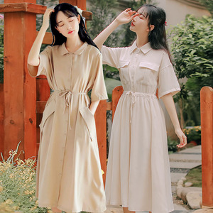 森系衬衫裙夏季复古学院风姐妹闺蜜装连衣裙学生气质收腰长裙脚踝