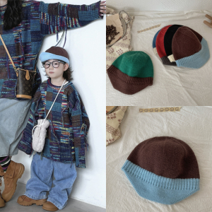 韩国儿童保暖帽ins小众拼色亲子短檐鸭舌帽针织男童毛线帽秋冬季