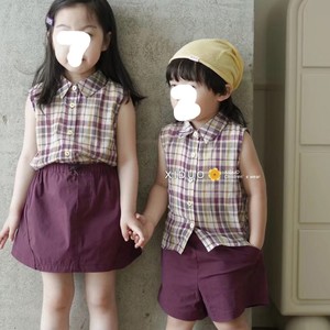 韩国童装2023夏季新款女童单排扣格子衬衫儿童时尚纯色半身裙套装