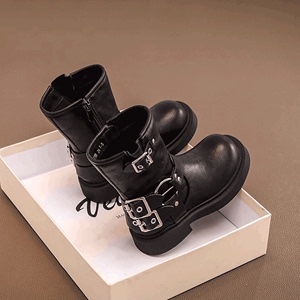 儿童靴子中筒马丁靴女童新款皮靴2023秋冬英伦骑士靴男孩软底单鞋