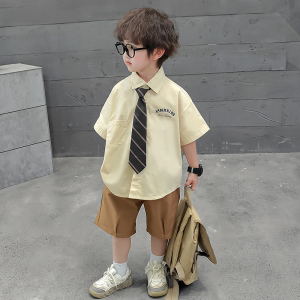 男童短袖礼服两件套男孩衬衫夏领带套装学院风毕业照花童生日衣服