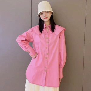 正品哥弟新款2022早秋新款通勤宽松中长款粉色活动领长袖衬衫女装