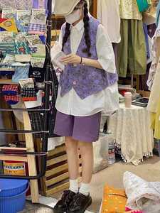 紫色套装女2024夏季小个子衬衫上衣微胖显瘦复古马甲短裤三件套