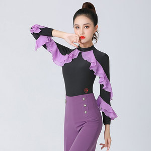 秋冬拉丁舞服女高领荷叶边长袖跳舞衣服新款气质国标舞伦巴舞服装