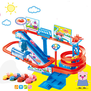 小猪佩琪轨道车玩具电动USB充电滑滑梯拼装爬上楼梯粉红佩佩奇猪
