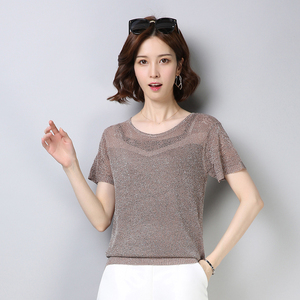 夏季冰丝短袖圆领t恤宽松女2021镂空针织衫短款冰麻薄款洋气打底