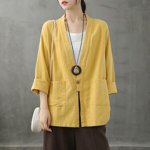 日韩外贸剪标清仓复古和尚领薄款棉麻上衣女显瘦休闲中长开衫外套