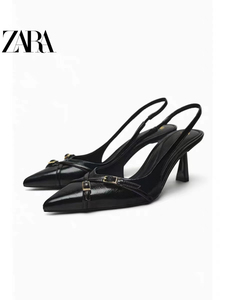 ZARA女鞋 2024夏季新款职业细高跟凉鞋穆勒单鞋 黑色尖头高跟鞋女