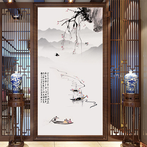 新中式玄关水墨山水墙纸壁画3d简约客厅走廊过道背景墙壁纸5d墙布