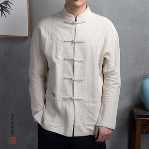 中国风男装盘扣棉麻衬衫立领男士复古风上衣春秋中式亚麻长袖衬衣