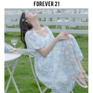 Forever 21蓝色复古泡泡袖印花连衣裙女夏季甜美桔梗方领收腰长裙