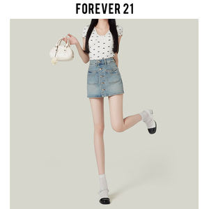 Forever21设计感蓝色牛仔超短裤女夏季A字裙复古高腰包臀显瘦热裤