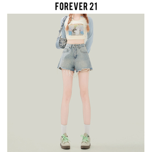 Forever 21复古蓝破洞毛边牛仔超短裤女新款设计感高腰显瘦热裤子