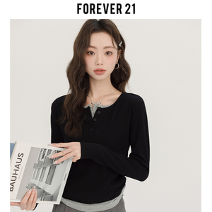 Forever 21小众黑色假两件针织衫女春弹力修身长袖打底衫短款上衣