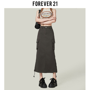 Forever21美式灰色工装牛仔裙女高腰A字包臀裙开叉一步中长半身裙