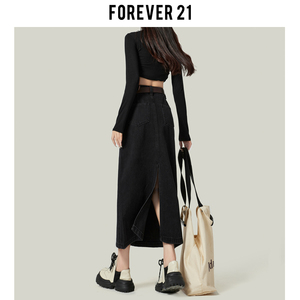 Forever21黑色开叉牛仔半身裙女2023年新款高腰遮跨显瘦a字中长裙